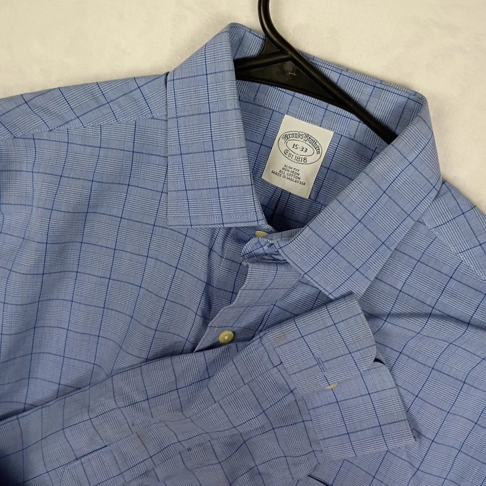 Brooks‎ Brothers Mens 15-33 Slim Fit Non-Iron Cotton Blue Glen Plaid Dress Shirt